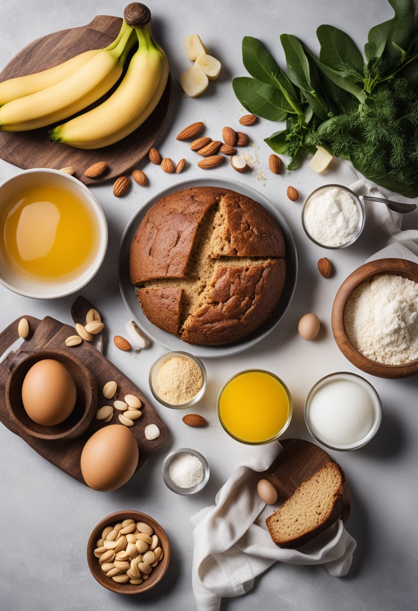 A kitchen counter with ingredients and utensils for keto banana bread, including almond flour, eggs, bananas, and a mixing bowl