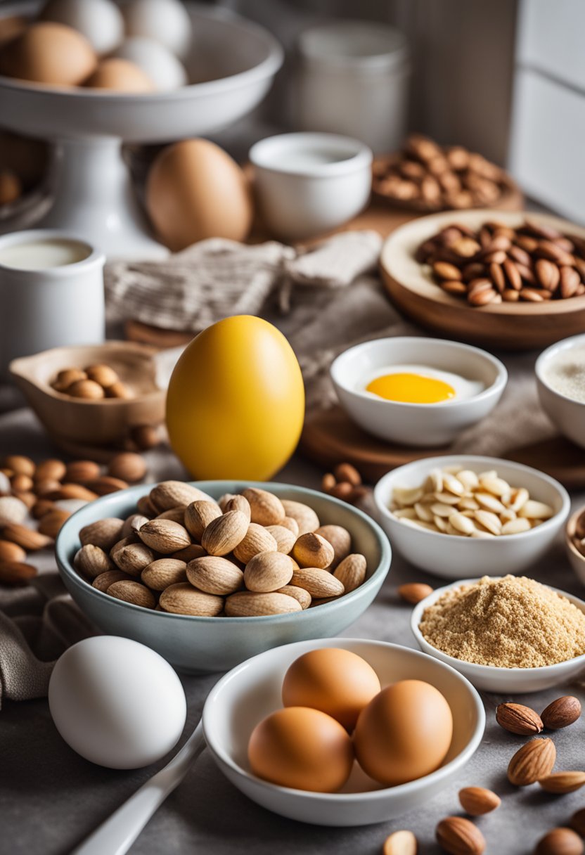 A kitchen counter with ingredients like almond flour, ripe bananas, eggs, and nuts, surrounded by measuring cups and spoons