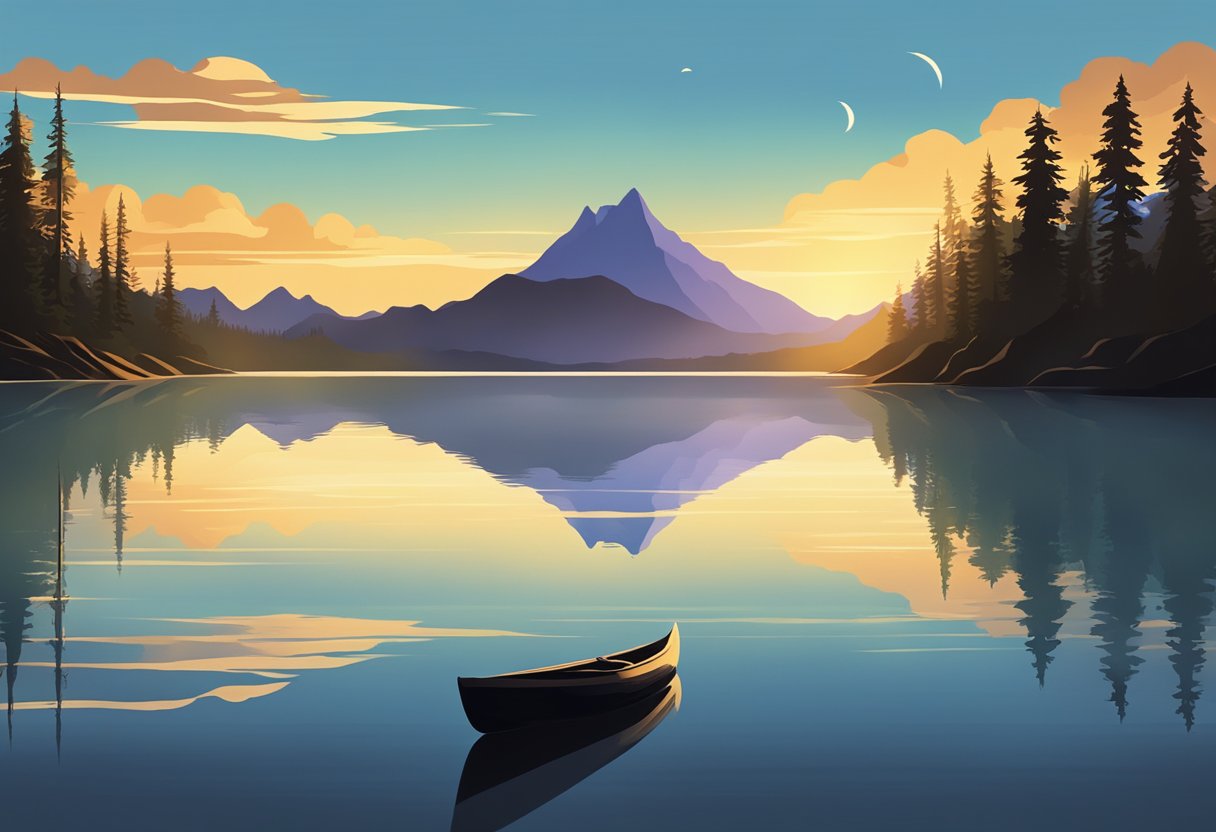 A serene lake reflecting the bright sun and the shadowy silhouette of a tall mountain, illustrating the Law of Polarity