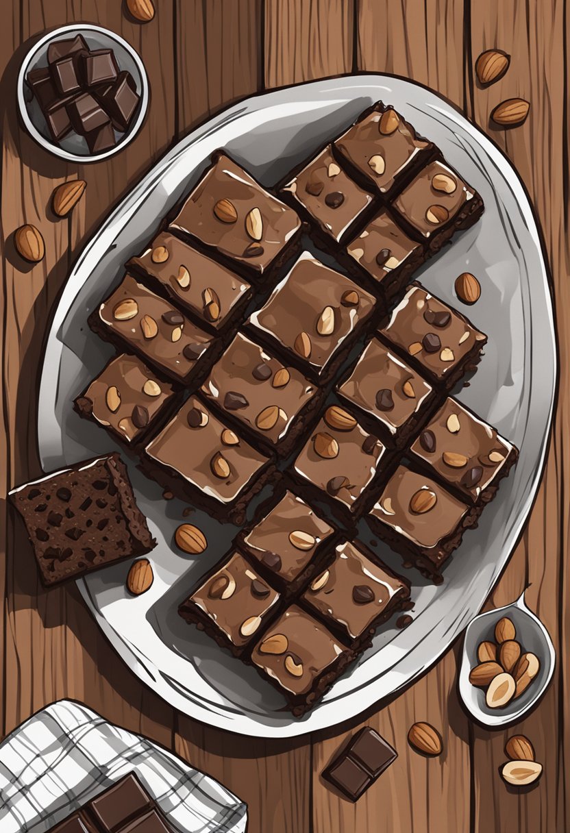 A plate of keto brownies surrounded by nuts and dark chocolate chunks on a rustic wooden table