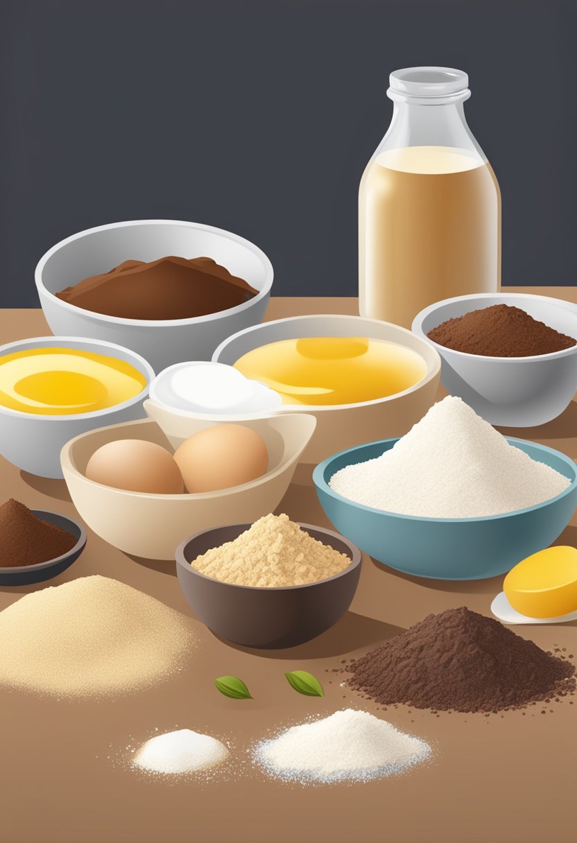 A table with ingredients: almond flour, cocoa powder, eggs, butter, erythritol, vanilla extract, and baking powder