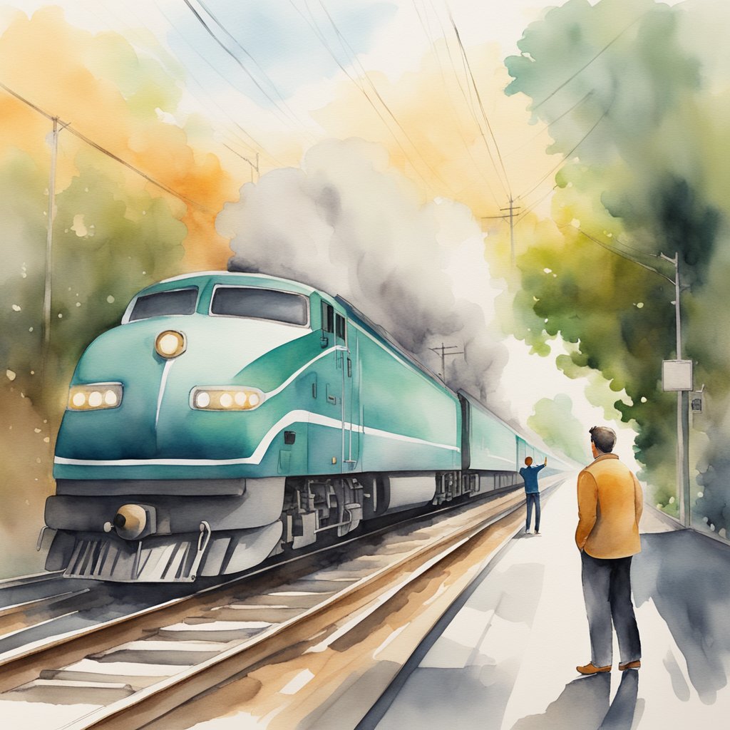 A small business owner watches as their content marketing strategy propels sales forward at a rapid pace, symbolized by a speeding train racing down the tracks