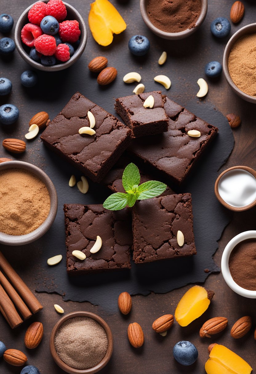 A variety of keto brownies arranged on a rustic wooden table with scattered nuts, cocoa powder, and fresh berries