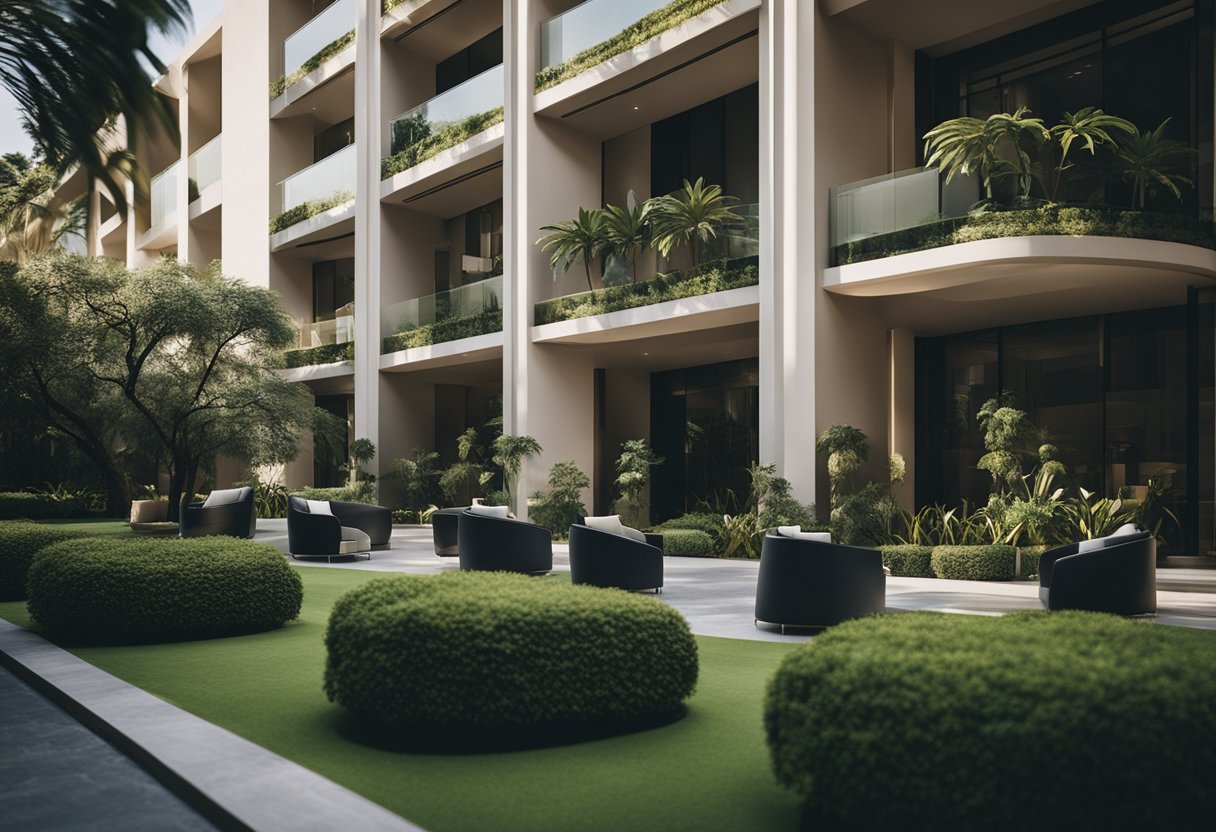 A luxurious hotel in Guadalajara with a grand entrance, lush landscaping, and a modern architectural design