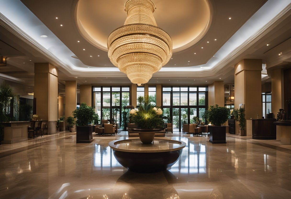 The lobby of a Guadalajara hotel, with a grand chandelier, plush seating, and a concierge desk. Guests mingle and relax in the elegant space