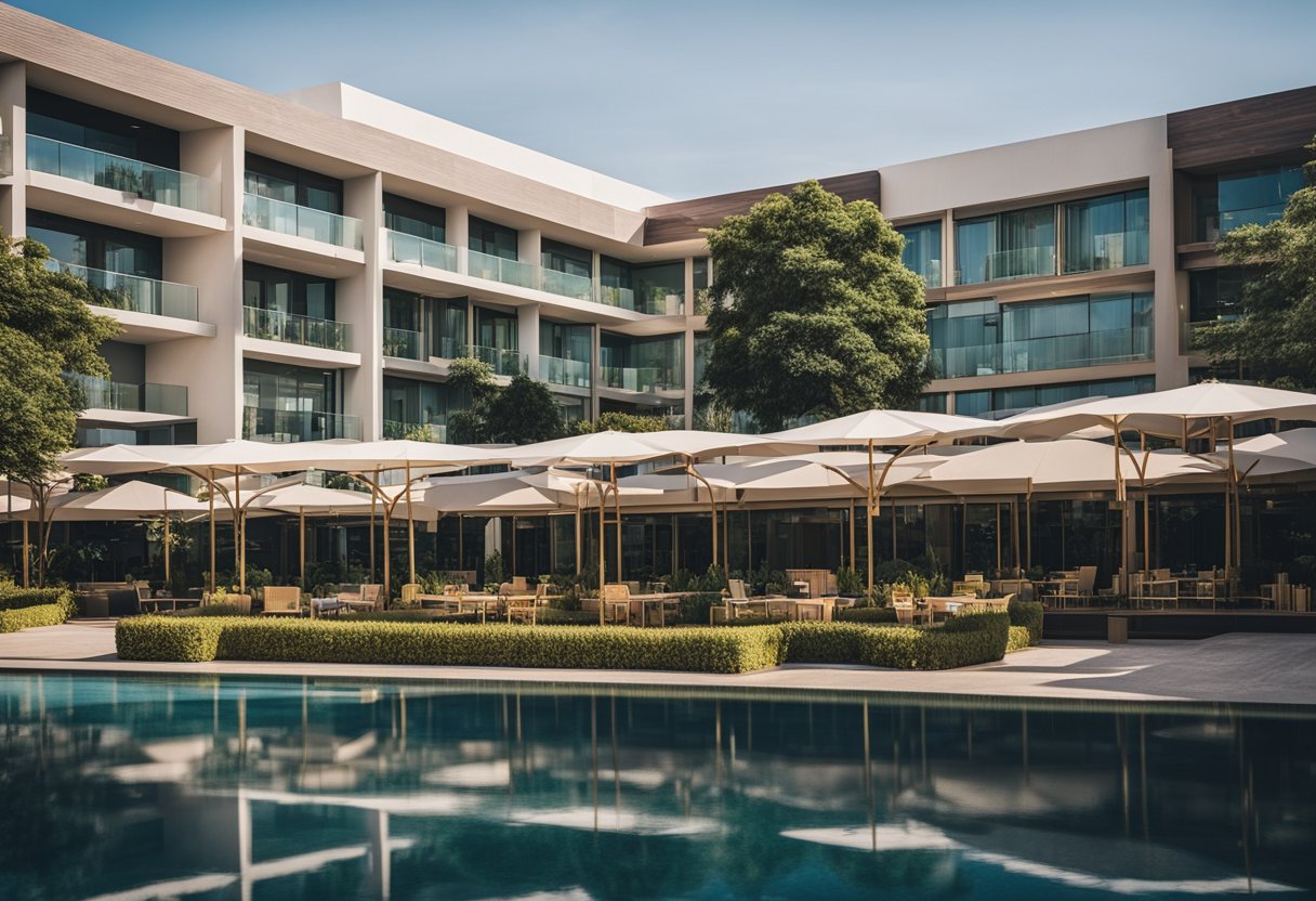 A row of modern hotels in Guadalajara, with accessible entrances and various transport options nearby