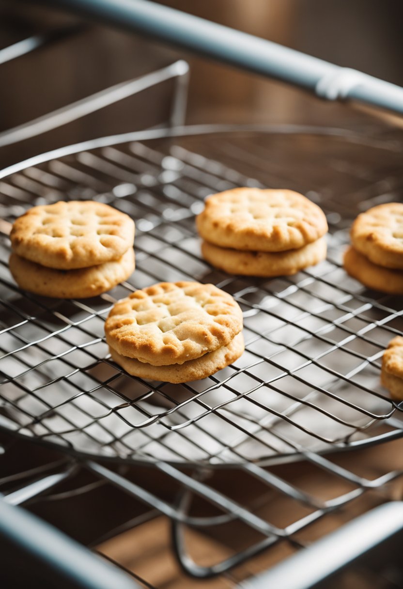 A plate of golden-brown keto biscuits cooling on a wire rack