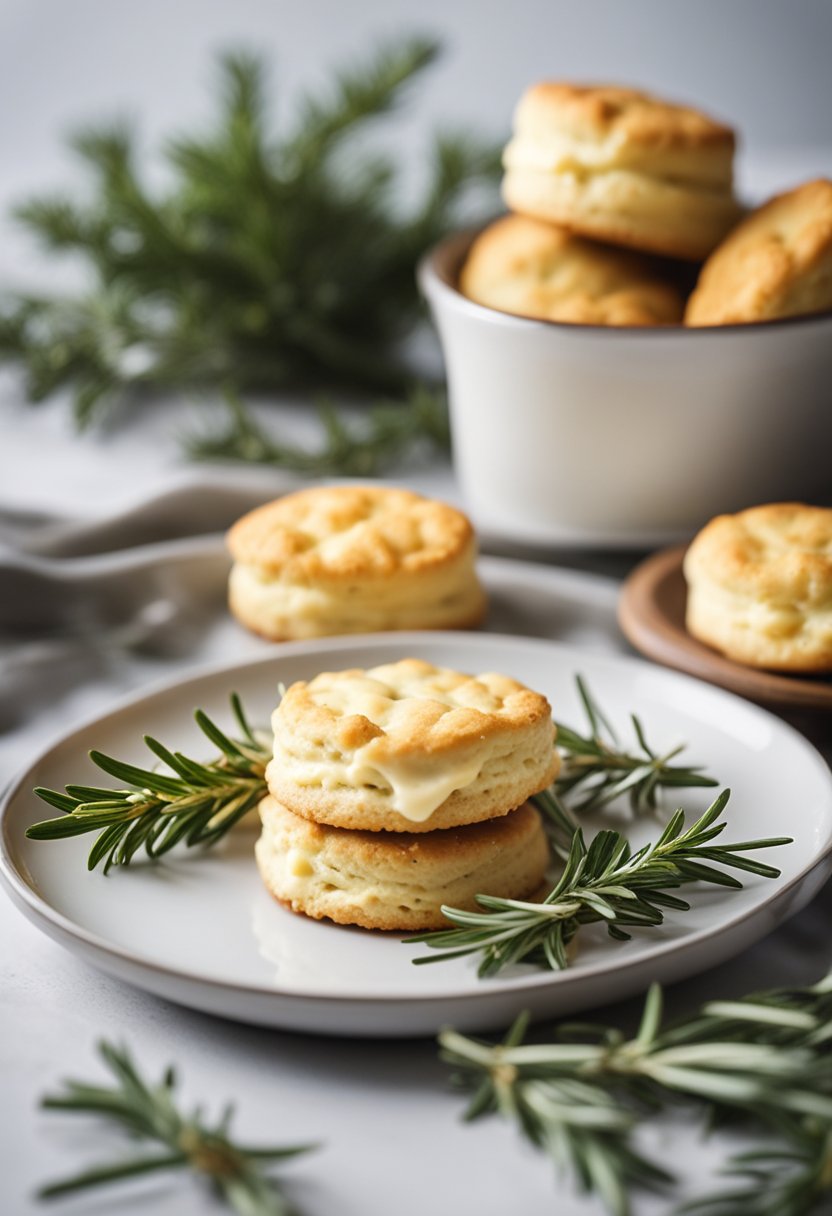 A plate of golden, flaky keto biscuits surrounded by a few sprigs of fresh rosemary and a dollop of creamy butter