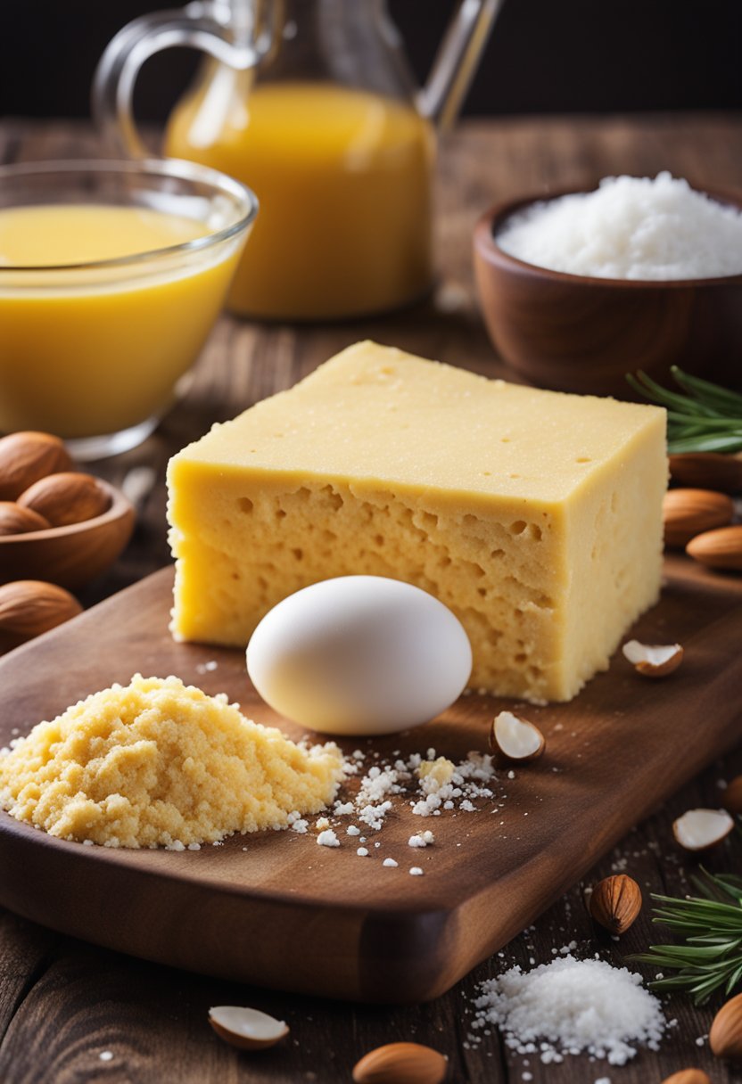 A wooden cutting board with almond flour, coconut flour, eggs, and a bowl of melted butter and baking powder