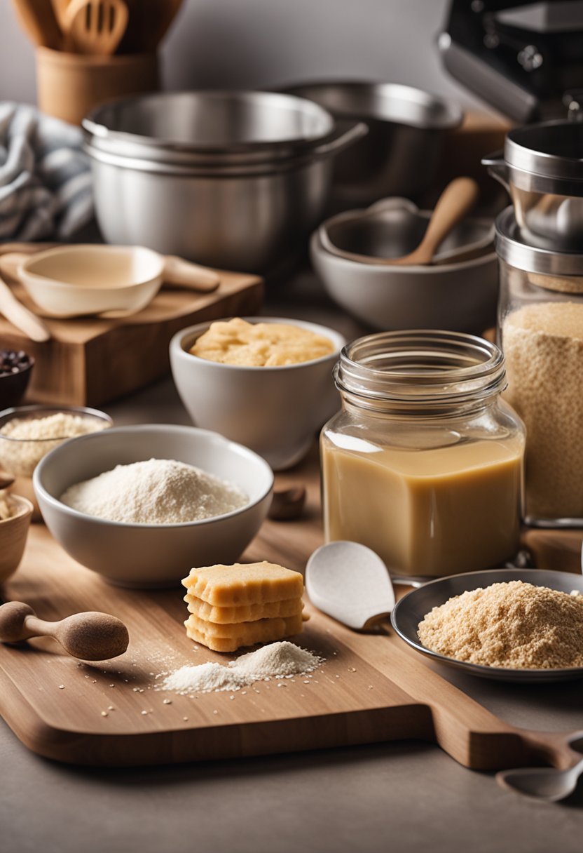 A kitchen counter with ingredients and utensils laid out for keto biscuit baking