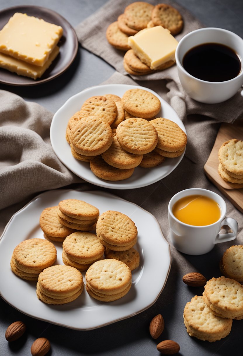 A table spread with a variety of keto biscuits, including cheddar, garlic, and almond flour. A cup of coffee sits beside a plate of biscuits