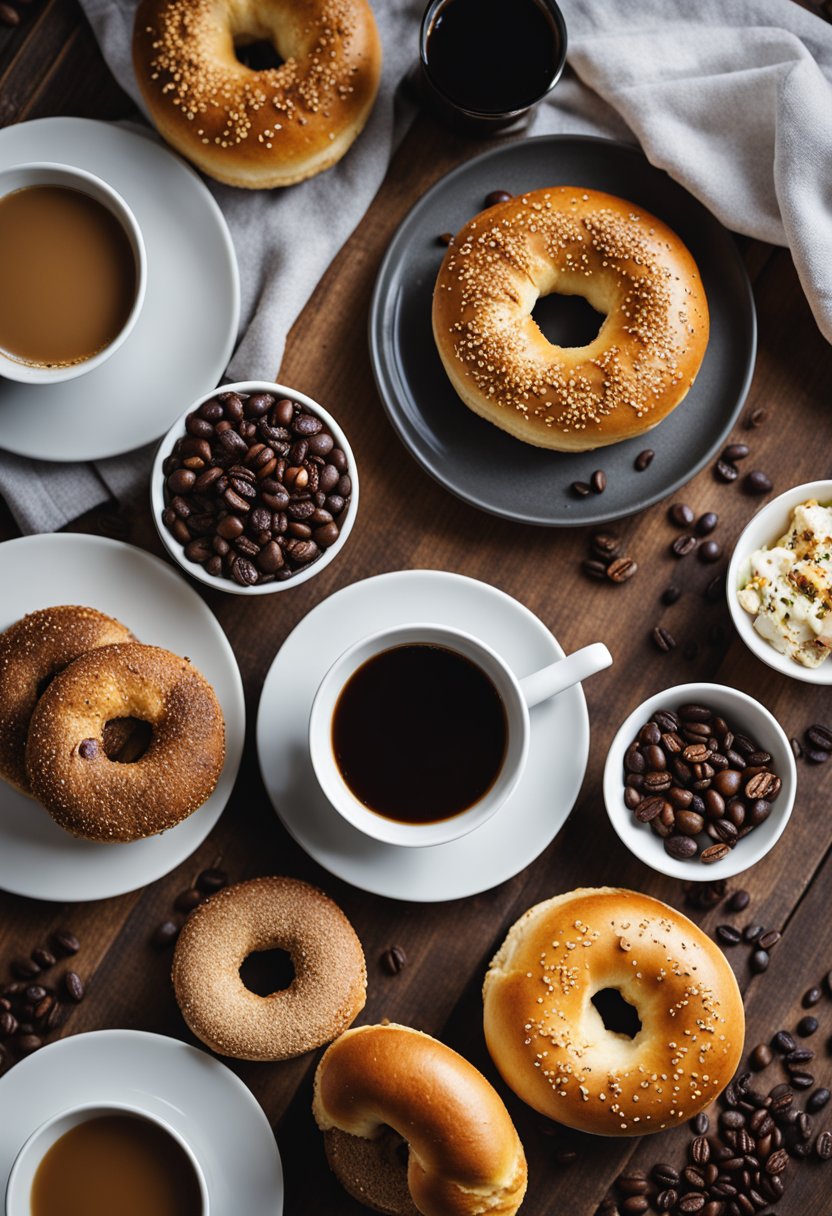 A plate of keto bagels surrounded by various toppings and a cup of coffee on a wooden table