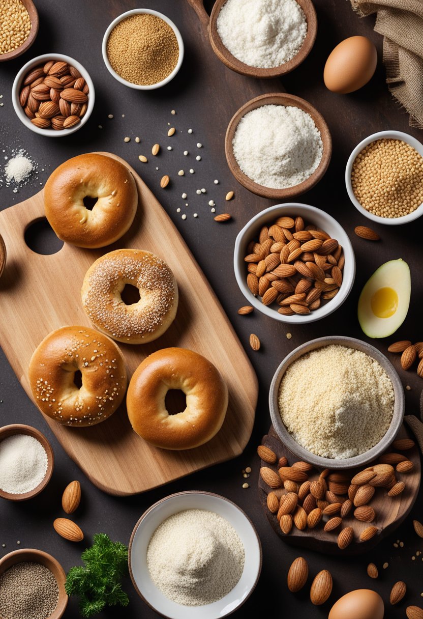 A spread of keto bagel ingredients on a wooden cutting board, including almond flour, eggs, baking powder, and sesame seeds