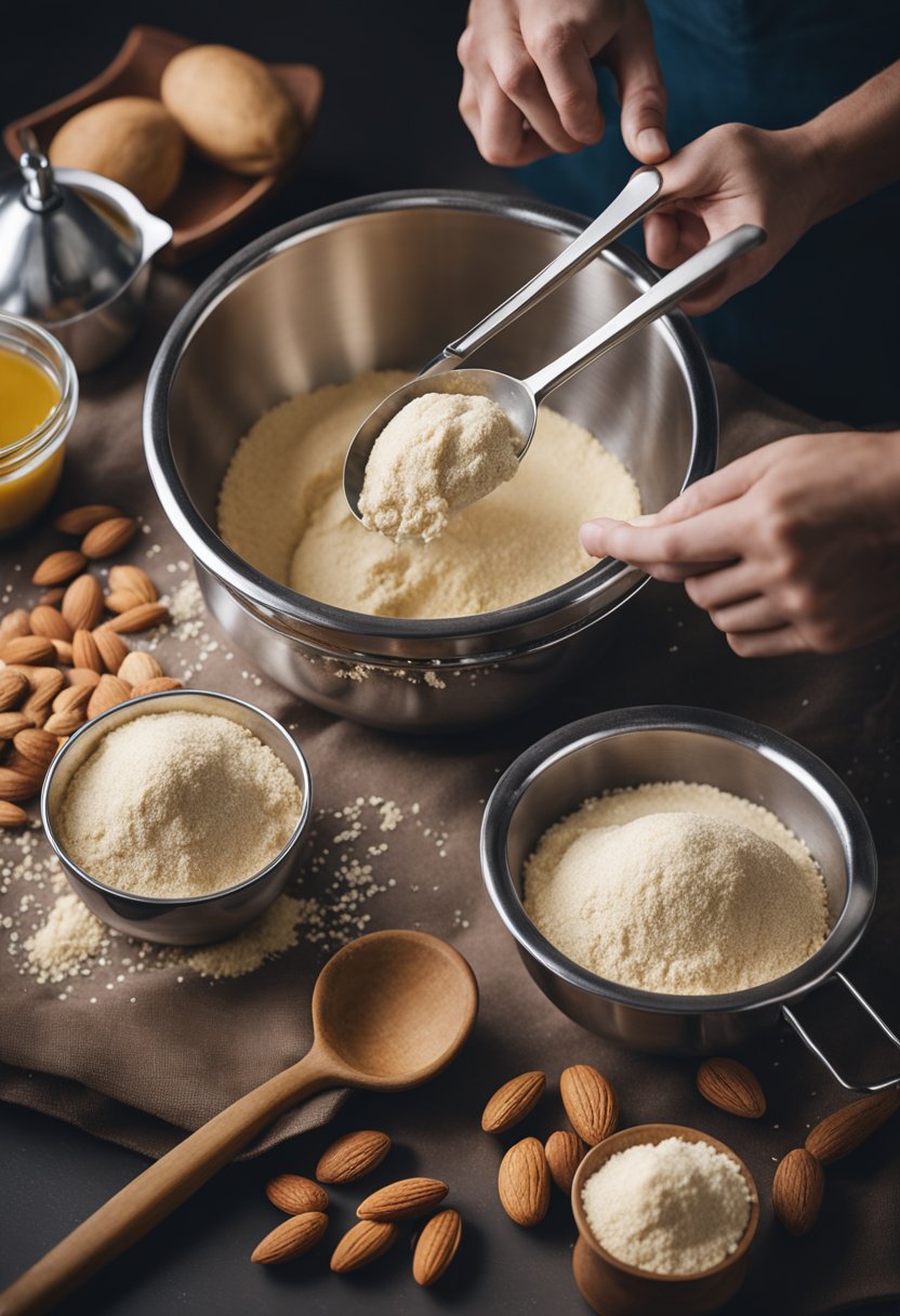 A pair of hands mixing dough in a stainless steel bowl, surrounded by measuring cups, almond flour, and a spoon