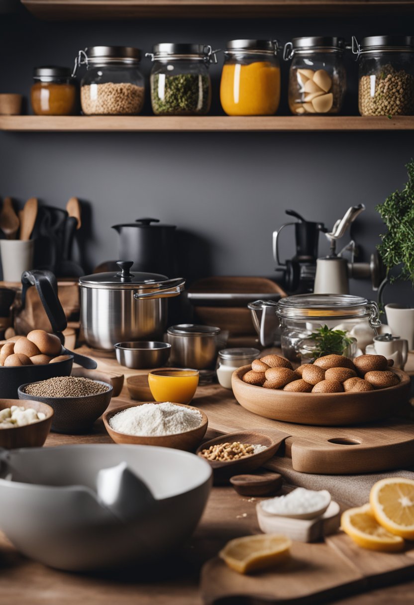 A kitchen counter with ingredients and tools for making keto bagels