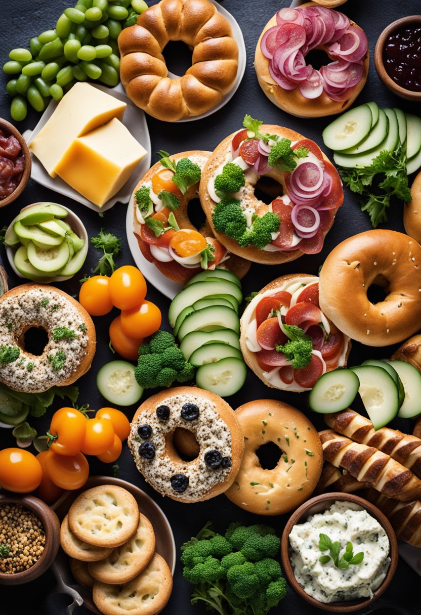 A platter of keto bagels with various toppings and spreads, surrounded by a selection of cheeses, meats, and fresh vegetables