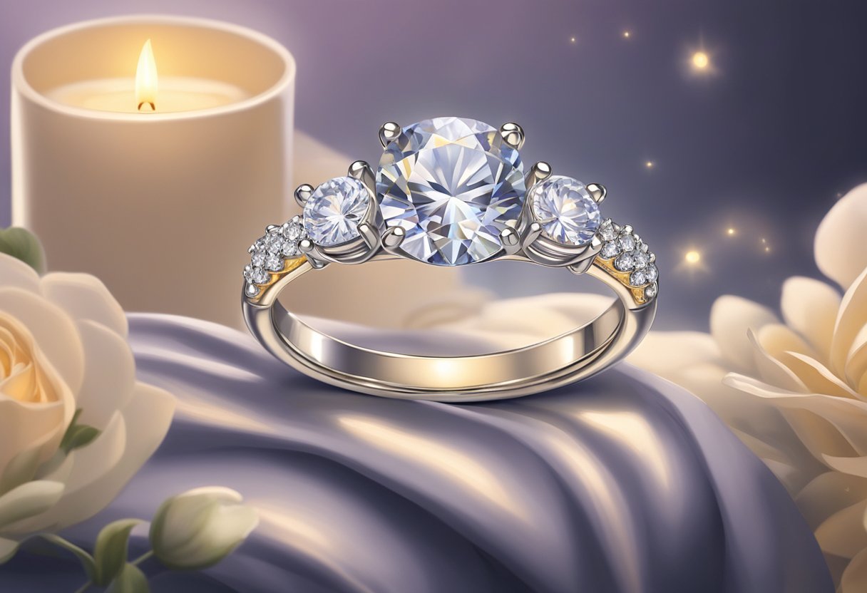 A sparkling engagement ring sits on a velvet cushion, surrounded by soft candlelight and fresh flowers