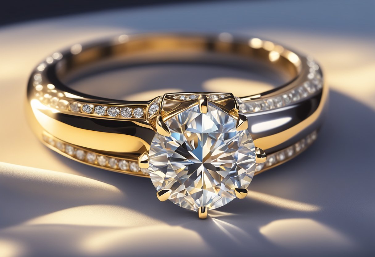 A sparkling diamond ring sits in a velvet box on a sunlit table