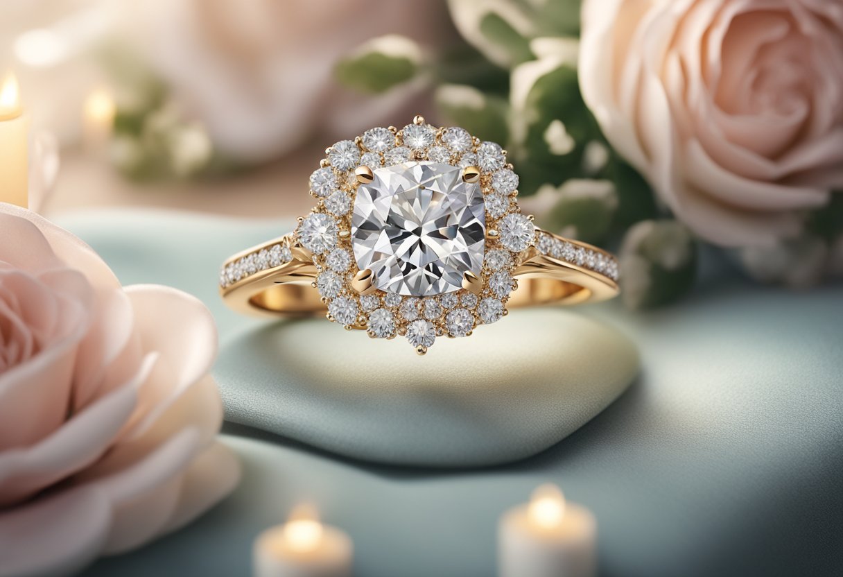 A sparkling diamond engagement ring resting on a velvet cushion, surrounded by soft candlelight and delicate floral arrangements