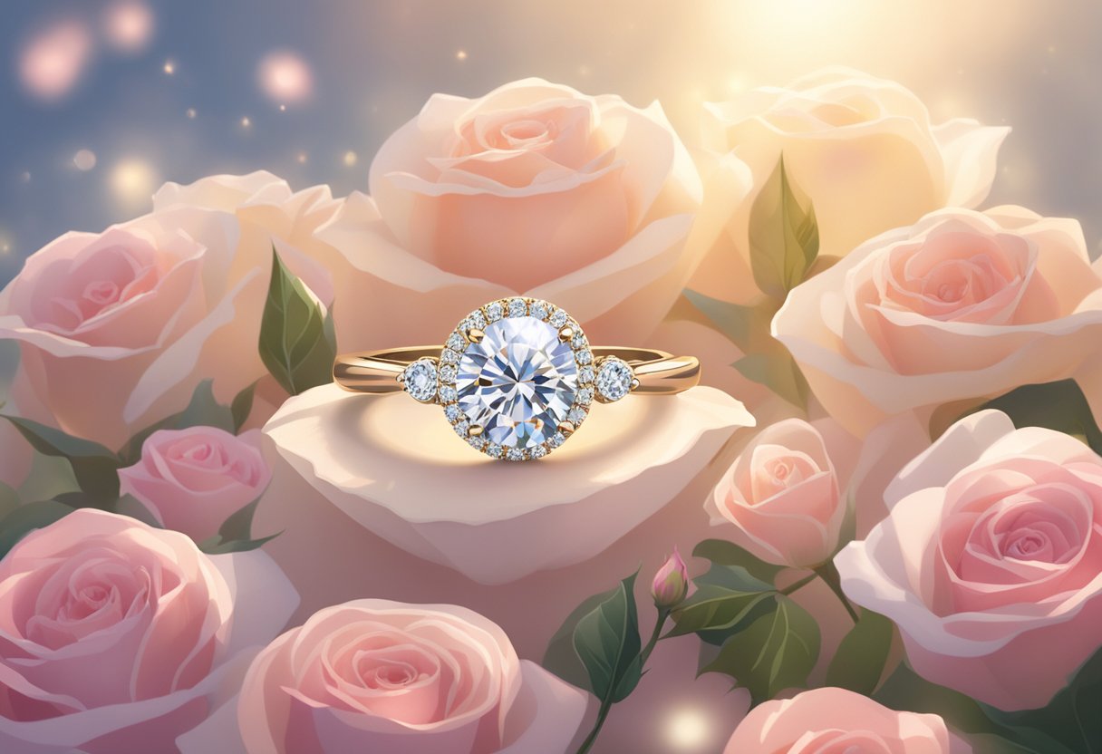 A diamond ring resting on a bed of roses, surrounded by a halo of light