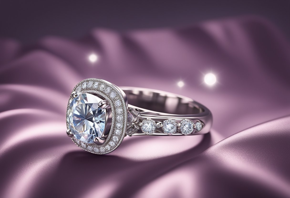 A sparkling diamond ring displayed on a velvet cushion under a spotlight, surrounded by a halo of smaller diamonds