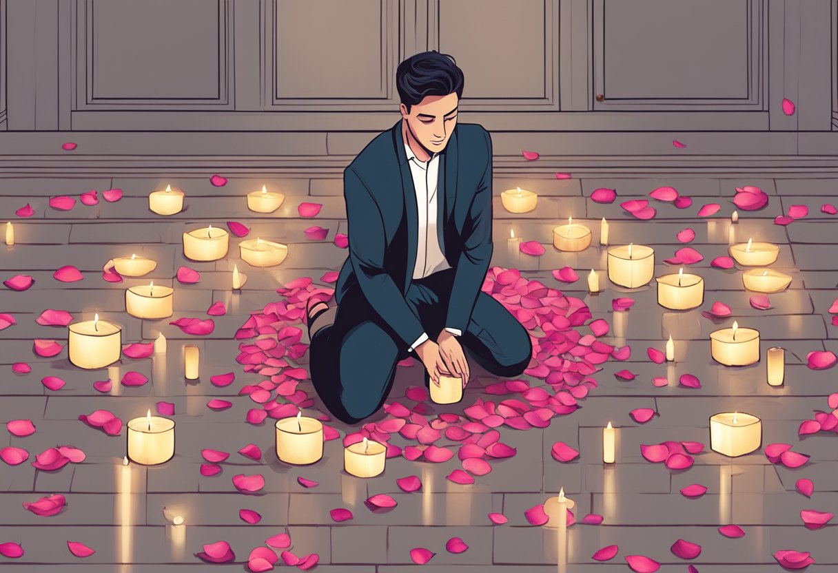 A person kneeling with a ring box open, surrounded by candles and rose petals on the floor