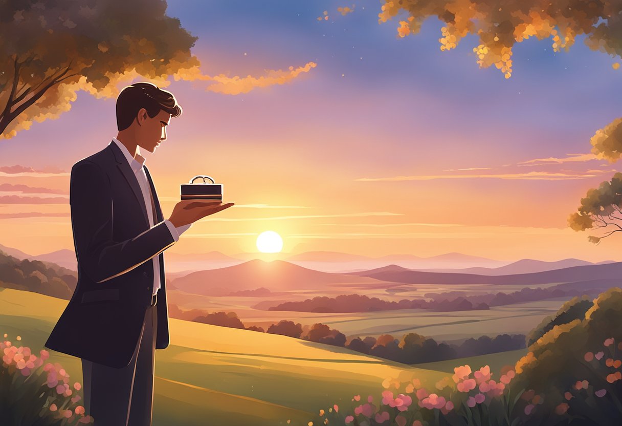 A person holding a ring box, standing in a picturesque setting with a sunset in the background