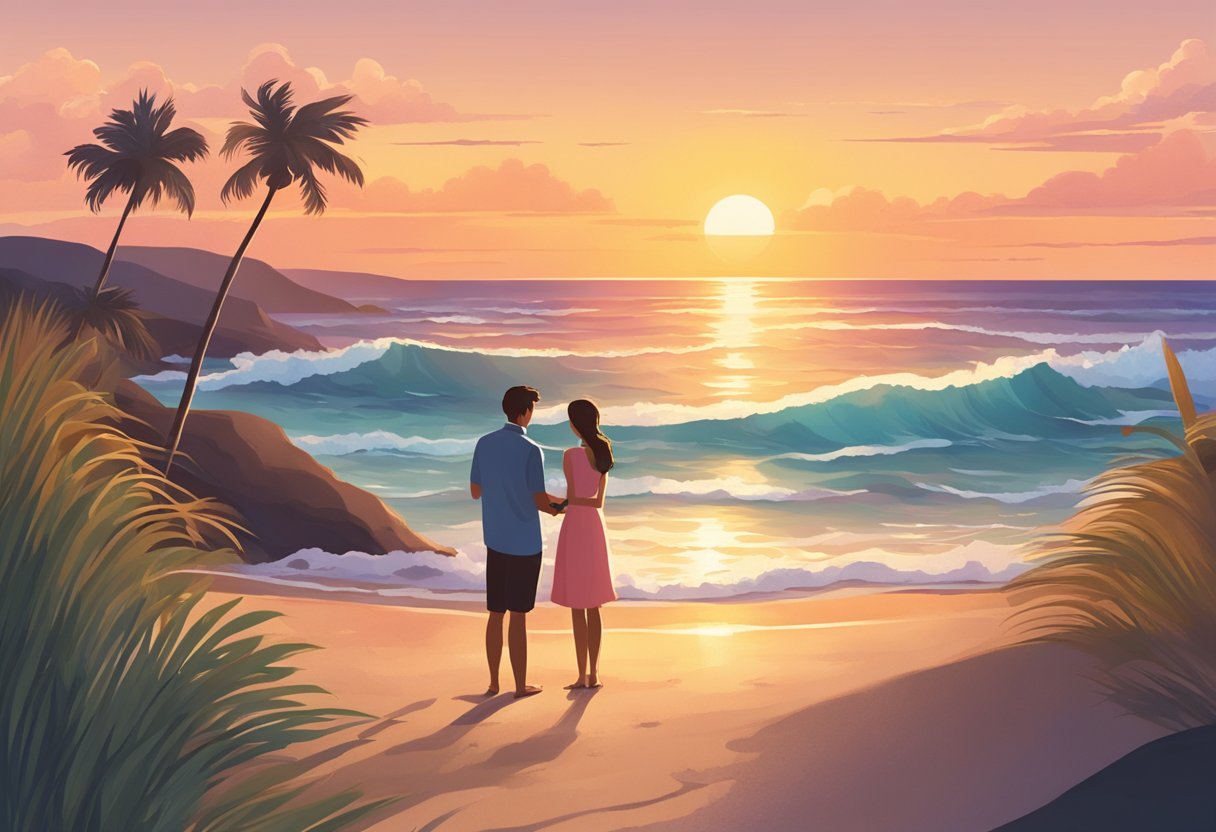 A sunset beach setting with a couple standing close, one holding a ring box. Waves crashing in the background, creating a romantic atmosphere