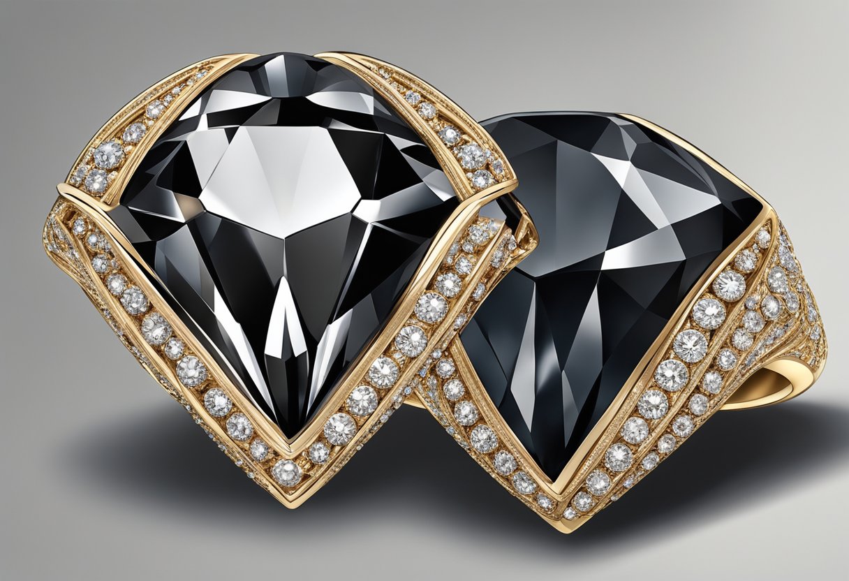 A luxurious black diamond displayed on a velvet cushion in a high-end jewelry store