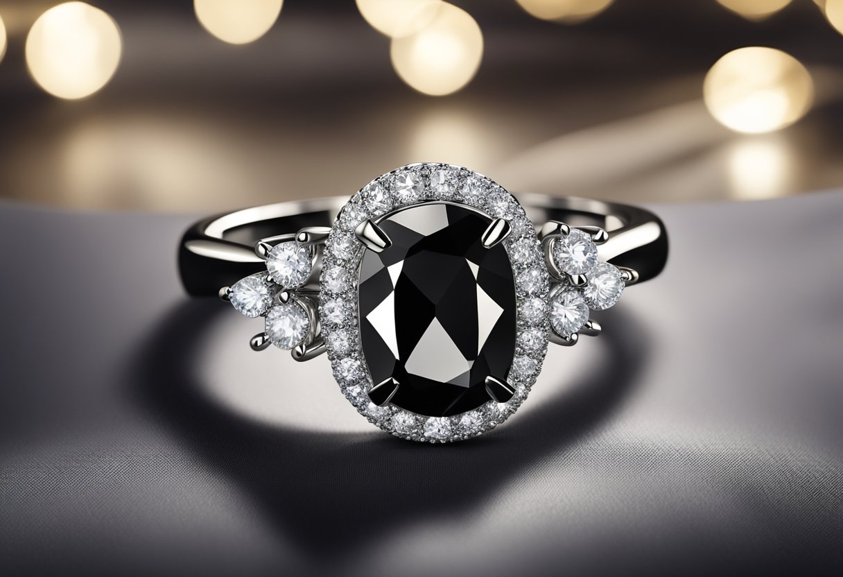 A sleek black diamond necklace and ring displayed on a velvet cushion in a dimly lit jewelry store