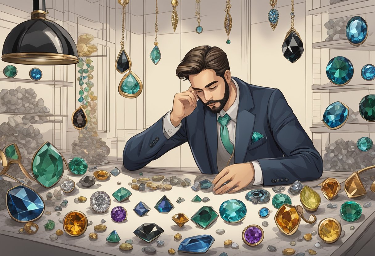 A jeweler comparing natural black diamonds to alternative options, surrounded by various gemstones and pricing charts