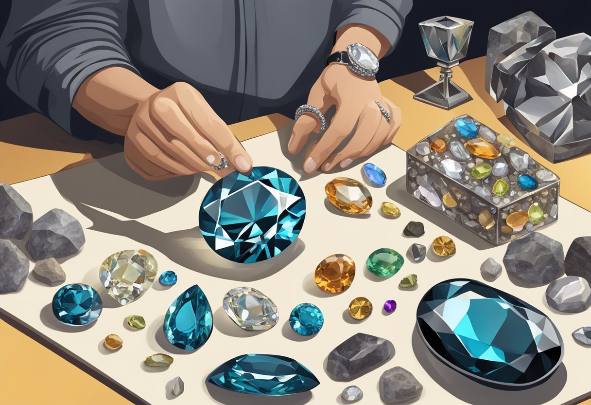 A jeweler carefully inspects a black diamond under bright lighting, surrounded by other precious stones and tools