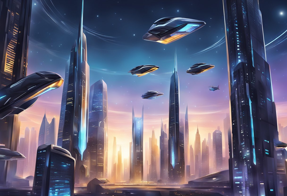 A futuristic city skyline with gleaming black diamond skyscrapers and flying vehicles