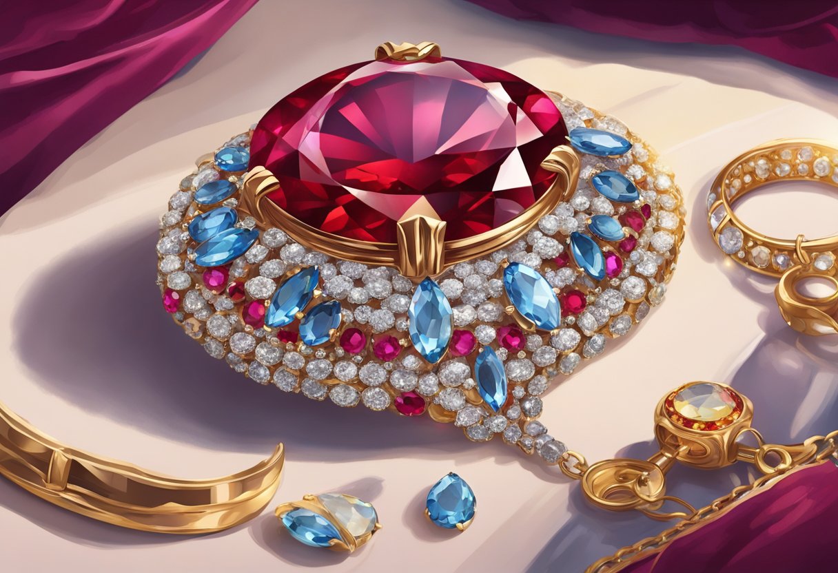 A sparkling ruby sits on a velvet cushion, catching the light with its deep red color. Surrounding it are scattered gemstones and a jeweler's loupe