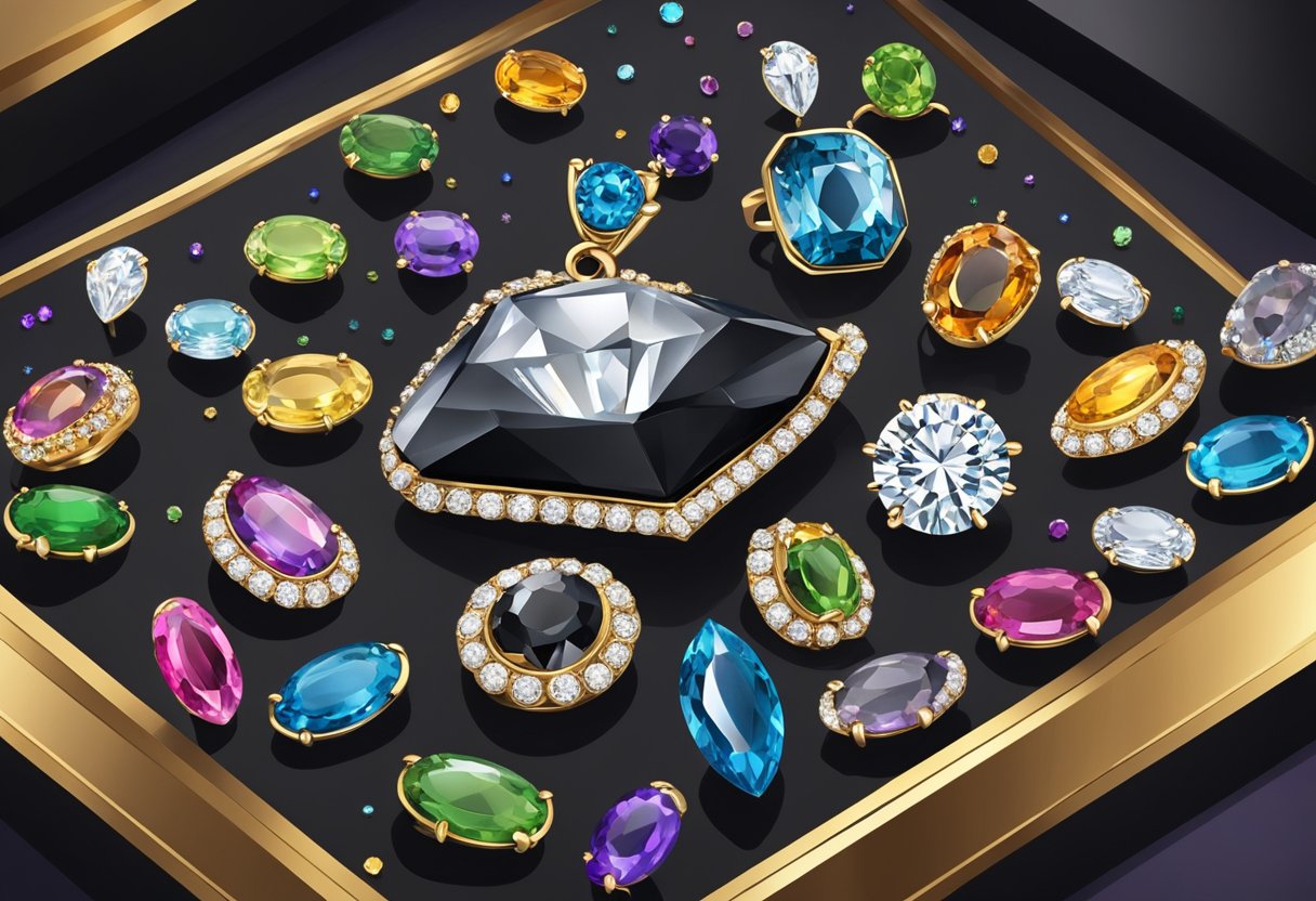 A jeweler's display featuring a black diamond with a price tag, surrounded by other gemstones and jewelry pieces