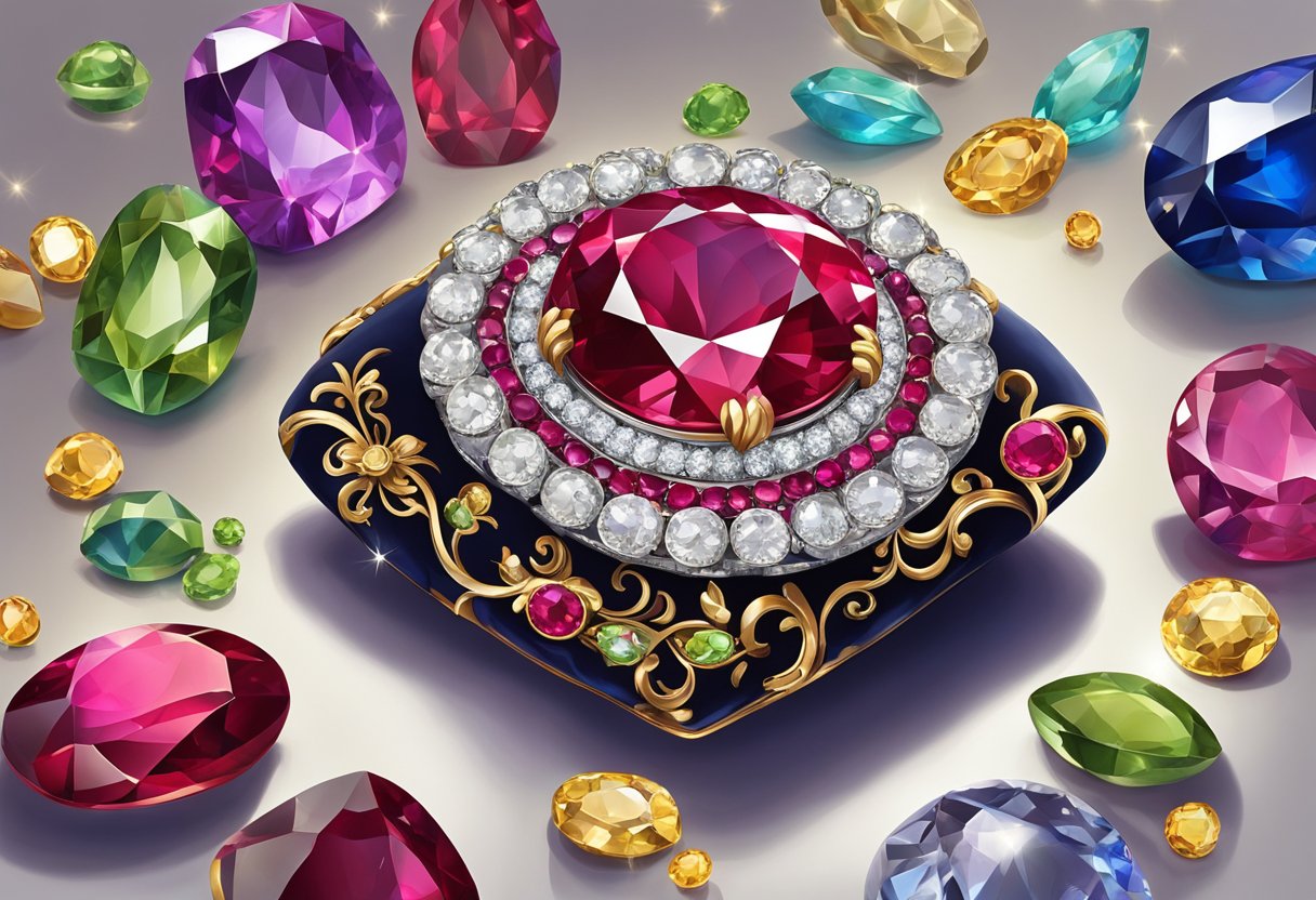 A dazzling ruby sits atop a velvet cushion, surrounded by glimmering gemstones and a scale for measuring its worth