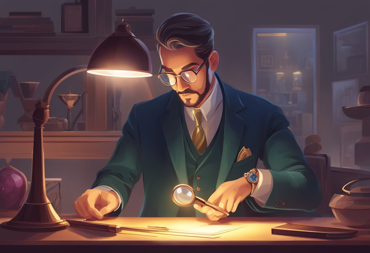 A jeweler examining a ruby under a bright light, using a magnifying glass to assess its quality and determine its value