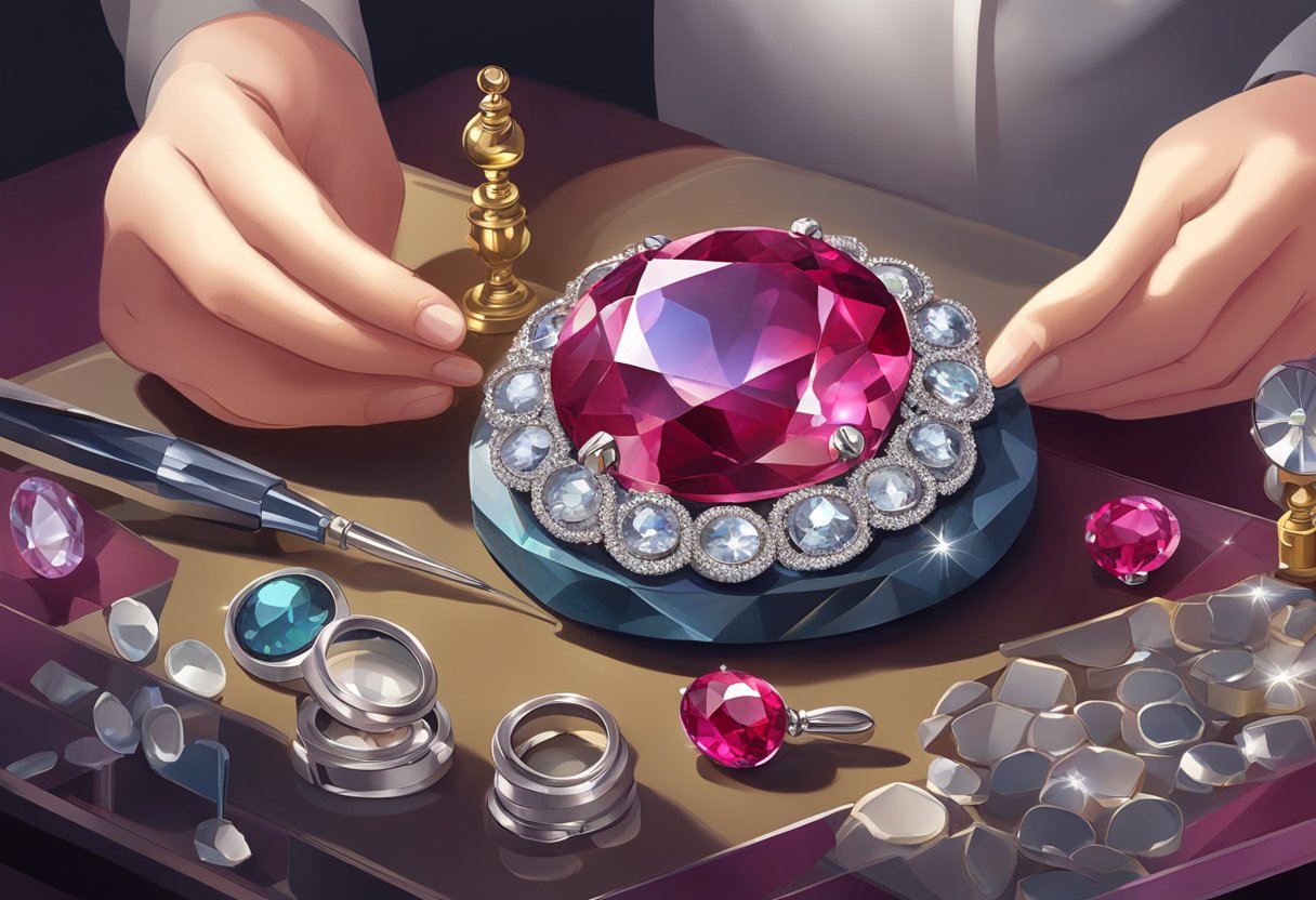 A sparkling ruby sits on a velvet cushion, surrounded by magnifying tools and a scale. A jeweler carefully examines its facets