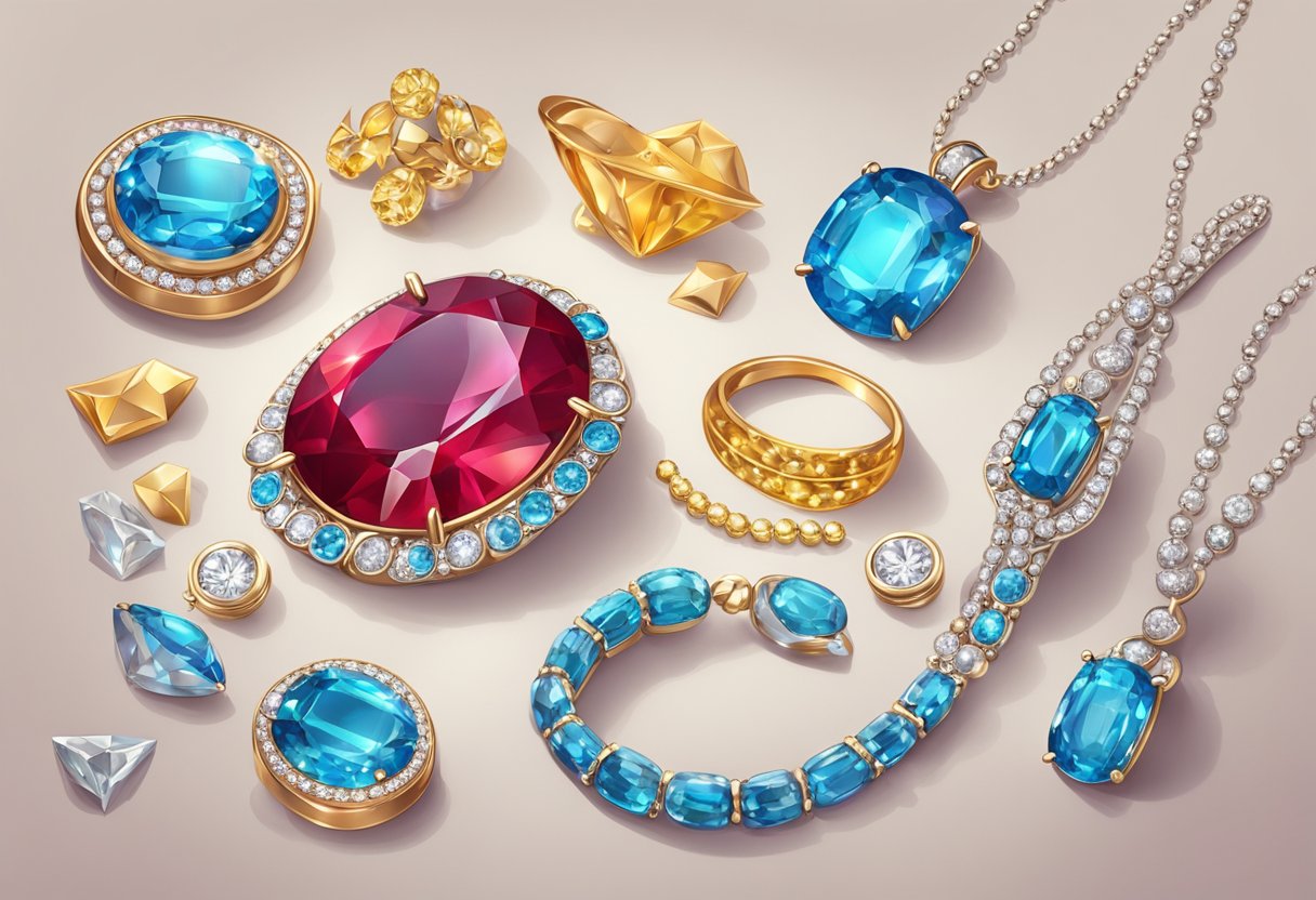 A sparkling ruby surrounded by jewelry tools and a price tag