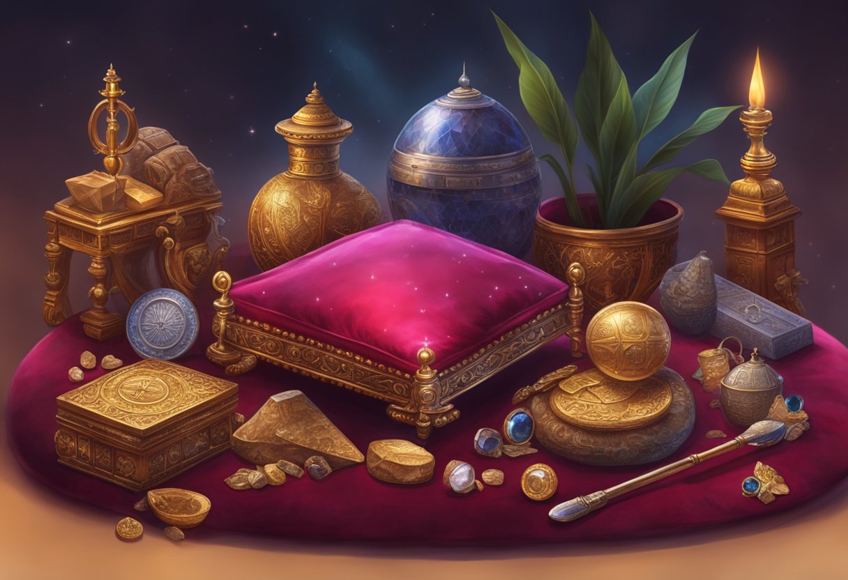 A sparkling ruby resting on a velvet cushion, surrounded by ancient artifacts and symbols of wealth and power