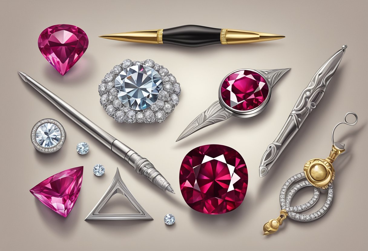 A sparkling ruby surrounded by jeweler's tools and a scale