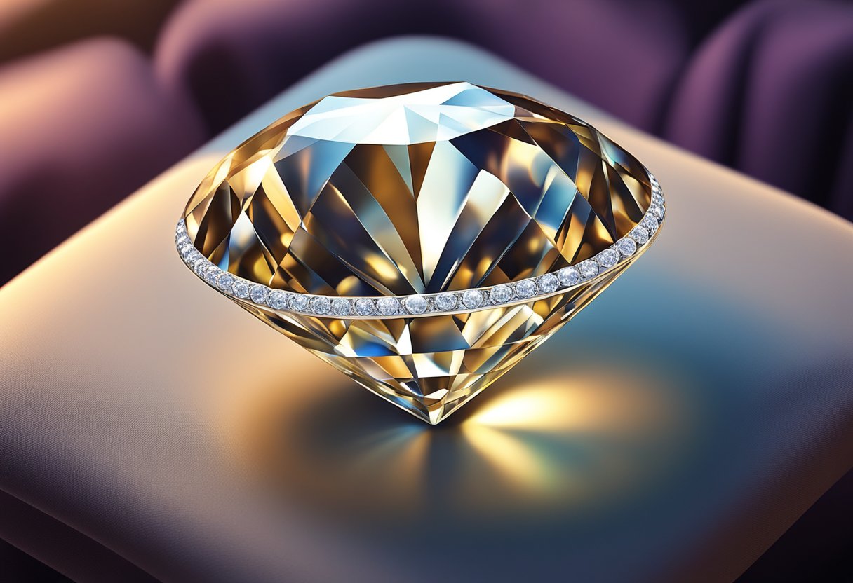 A diamond resting on a velvet cushion, surrounded by a halo of soft, diffused light to showcase its color