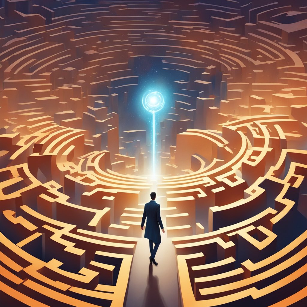 A solopreneur navigating a maze of obstacles while holding a shining light, symbolizing the challenges and strategies of B2B thought leadership