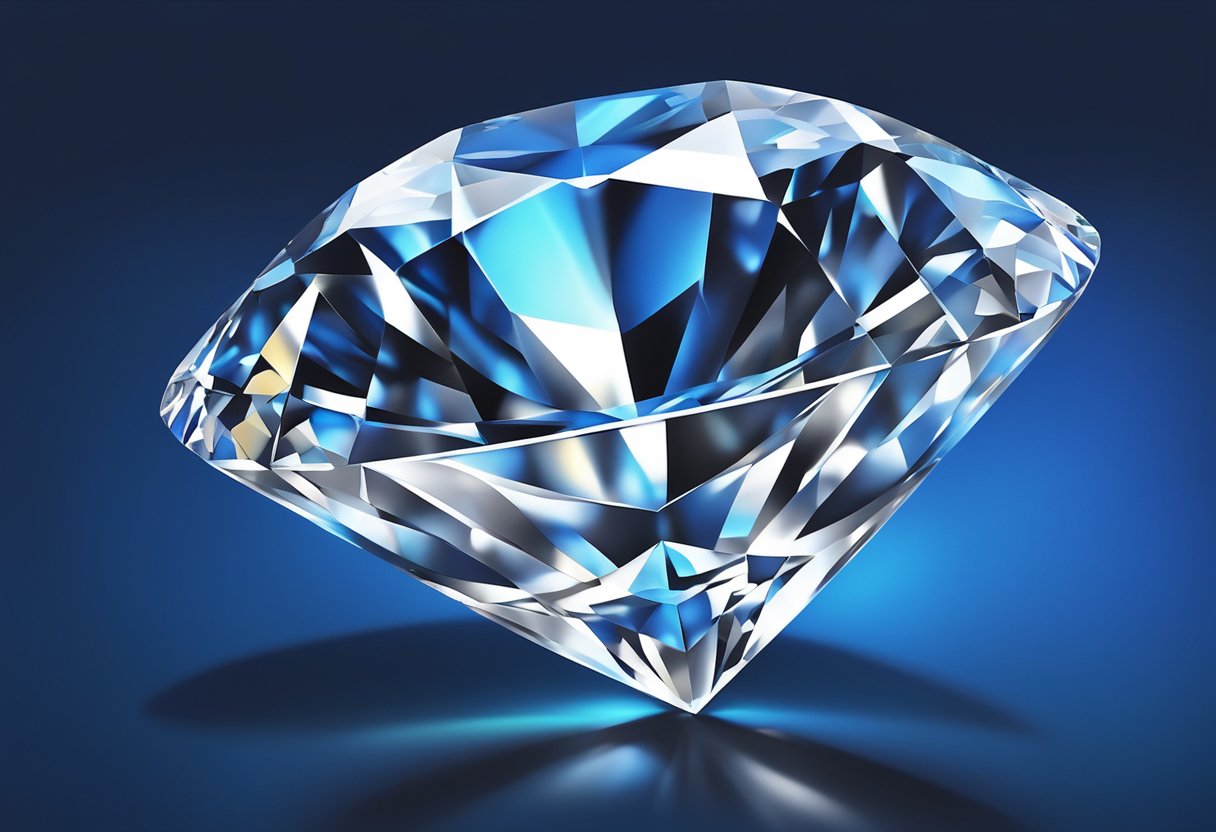 A sparkling F color diamond set against a deep blue velvet background, catching the light and radiating a brilliant, icy glow