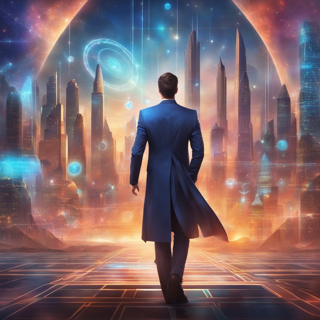 A solopreneur standing at the forefront of a futuristic cityscape, surrounded by holographic projections of data and charts, symbolizing B2B thought leadership strategies