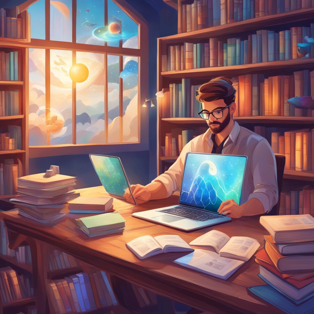 A solopreneur researching on a laptop surrounded by books, charts, and graphs, symbolizing the need to adapt to changing B2B buyer expectations