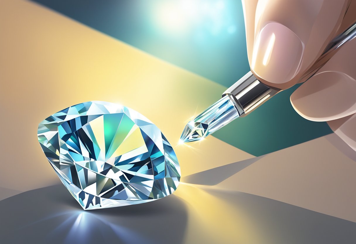 A sparkling F color diamond being carefully examined under bright lighting