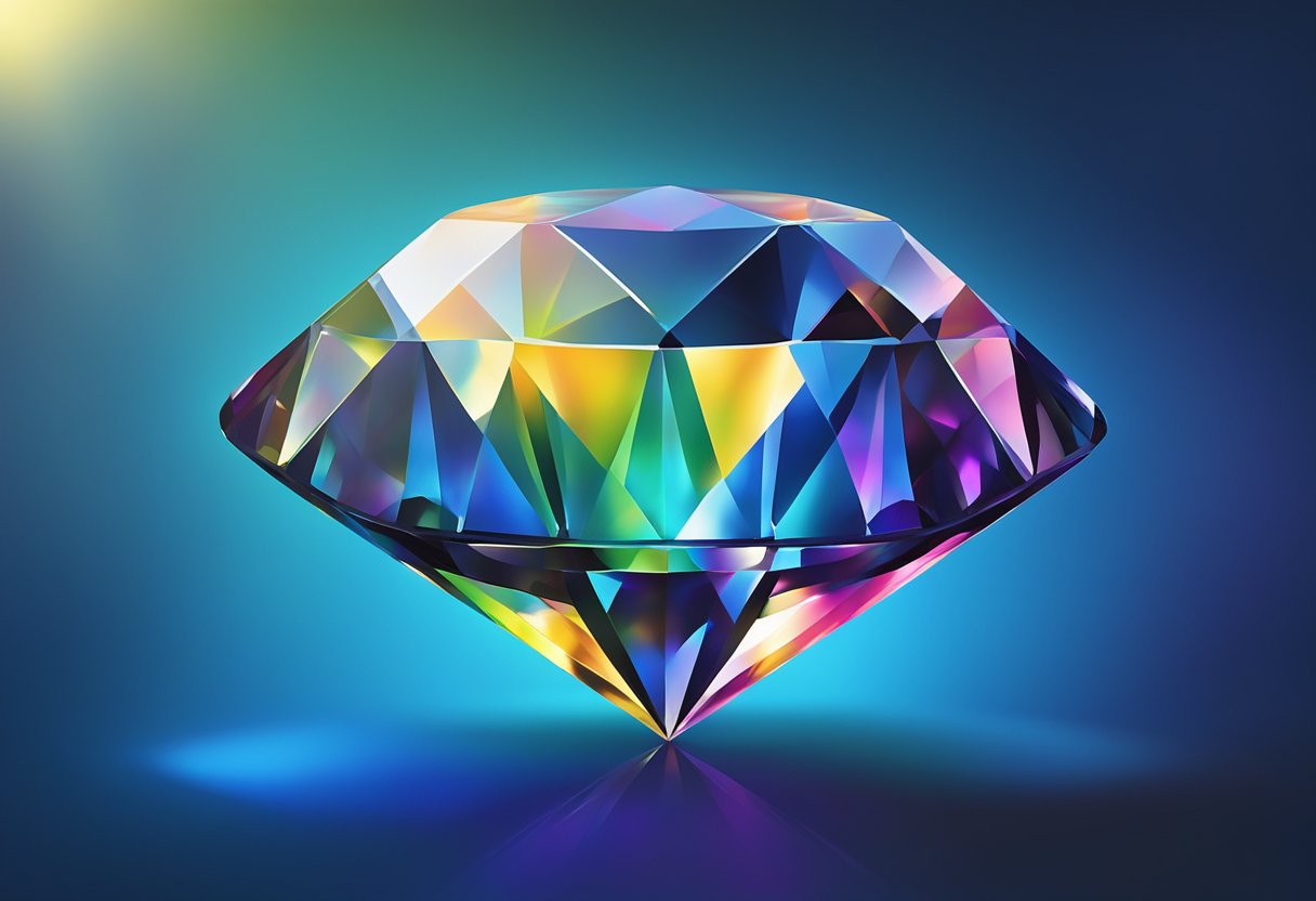 A sparkling F color diamond set against a deep blue velvet background, catching the light and reflecting a spectrum of colors