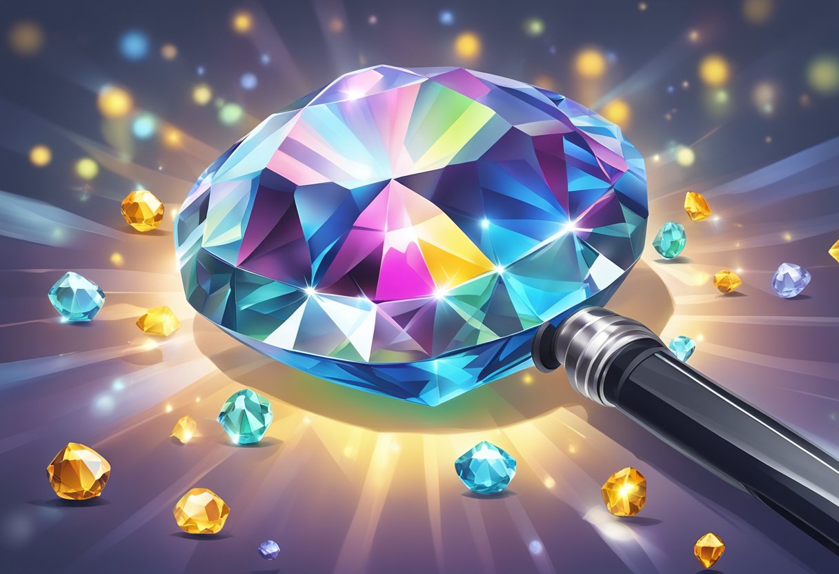 A sparkling, multi-faceted colored diamond surrounded by a halo of light, with a magnifying glass hovering above for inspection