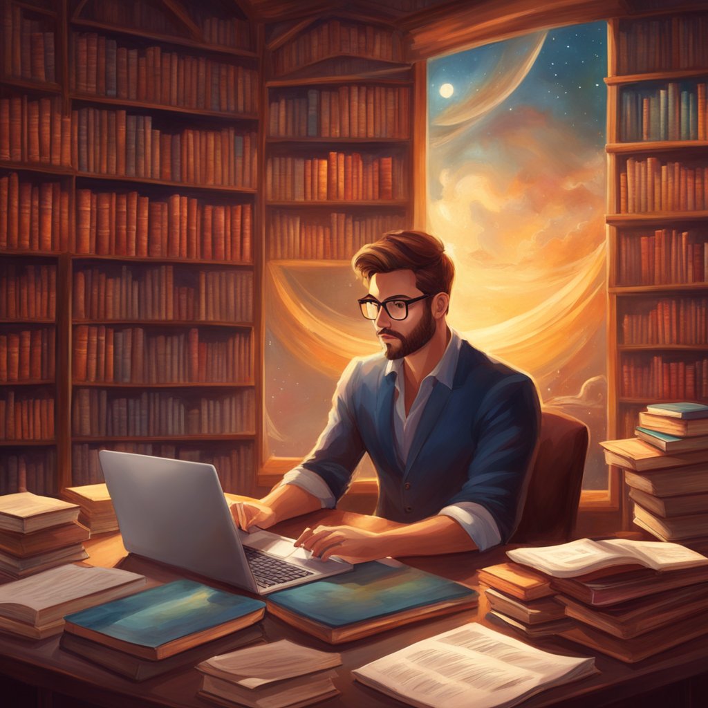 A solopreneur at a desk, surrounded by books and a laptop, pondering thought leadership strategies for their b2b business while looking at a list of frequently asked questions